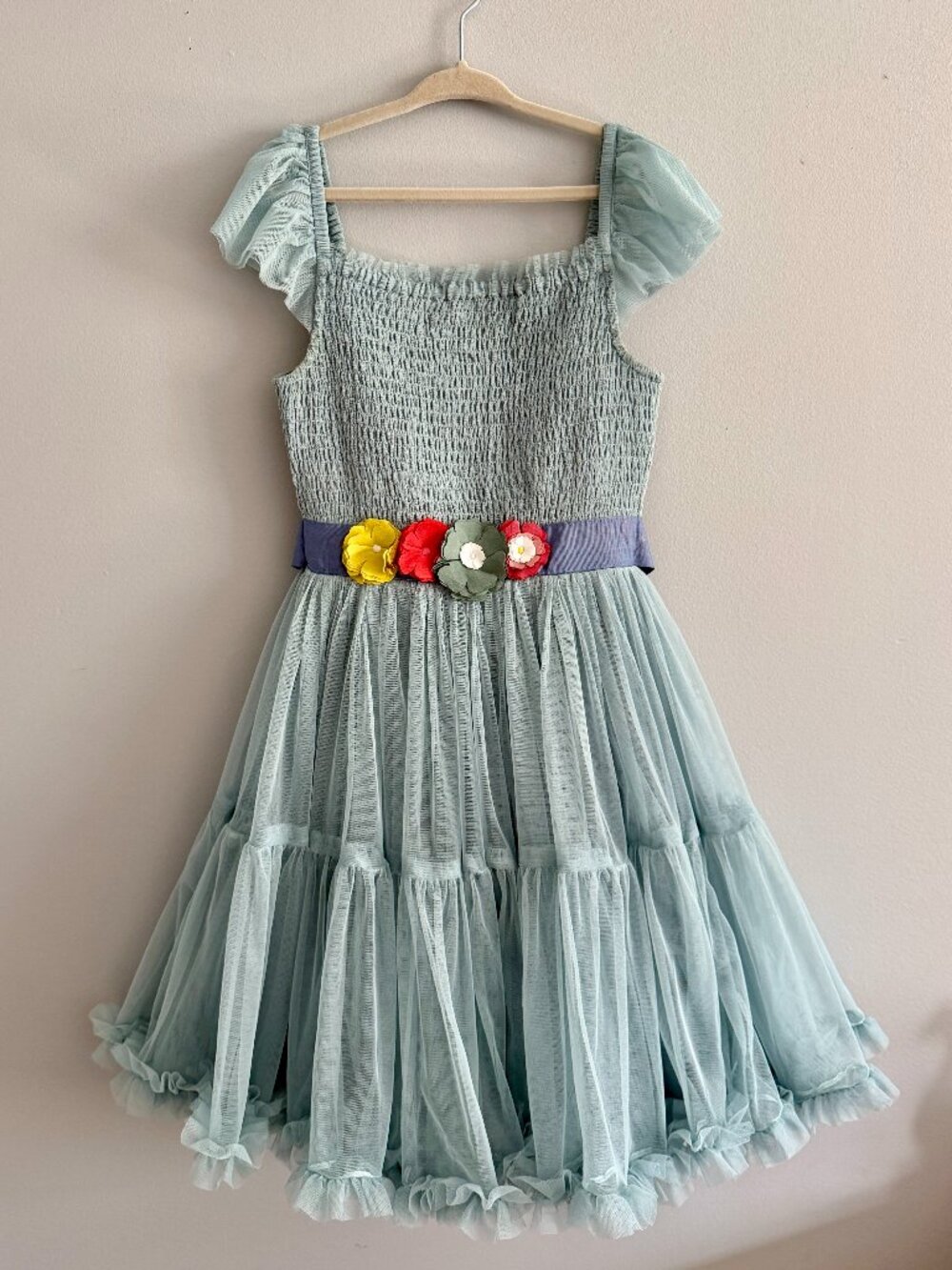 Mini Boden Blue Tiered Ruffle Tulle Flower Waist Corsage Dress 8-9Y